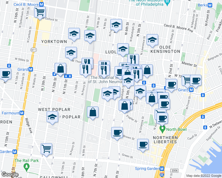map of restaurants, bars, coffee shops, grocery stores, and more near 994 North Marshall Street in Philadelphia