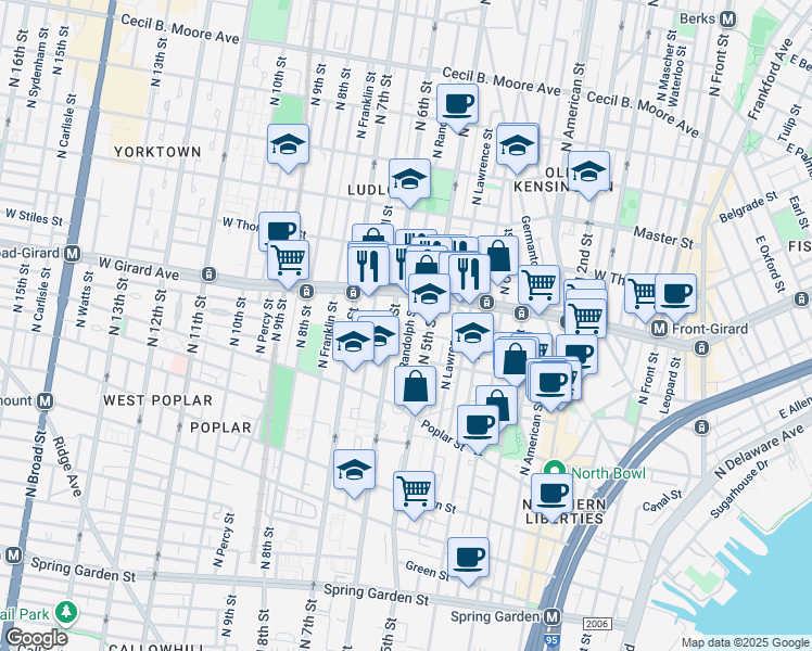 map of restaurants, bars, coffee shops, grocery stores, and more near 994 North Randolph Street in Philadelphia