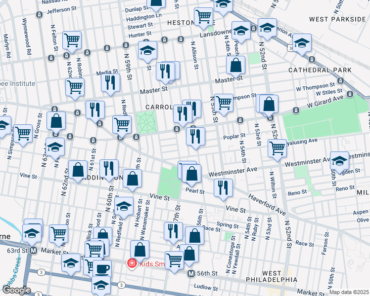 map of restaurants, bars, coffee shops, grocery stores, and more near 616 North 57th Street in Philadelphia