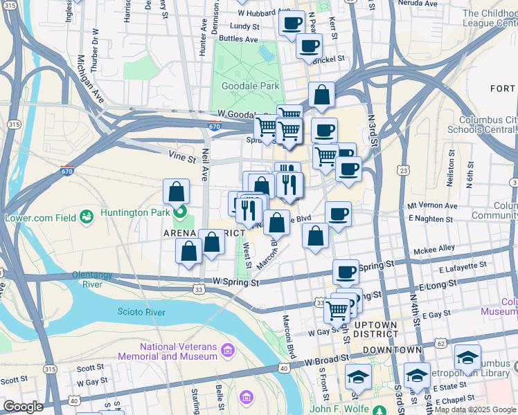 map of restaurants, bars, coffee shops, grocery stores, and more near 200 West Nationwide Boulevard in Columbus