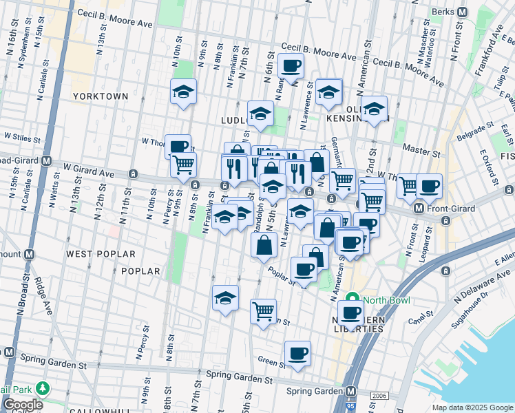map of restaurants, bars, coffee shops, grocery stores, and more near 994 North Randolph Street in Philadelphia