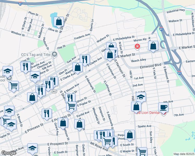 map of restaurants, bars, coffee shops, grocery stores, and more near 1053 East King Street in York