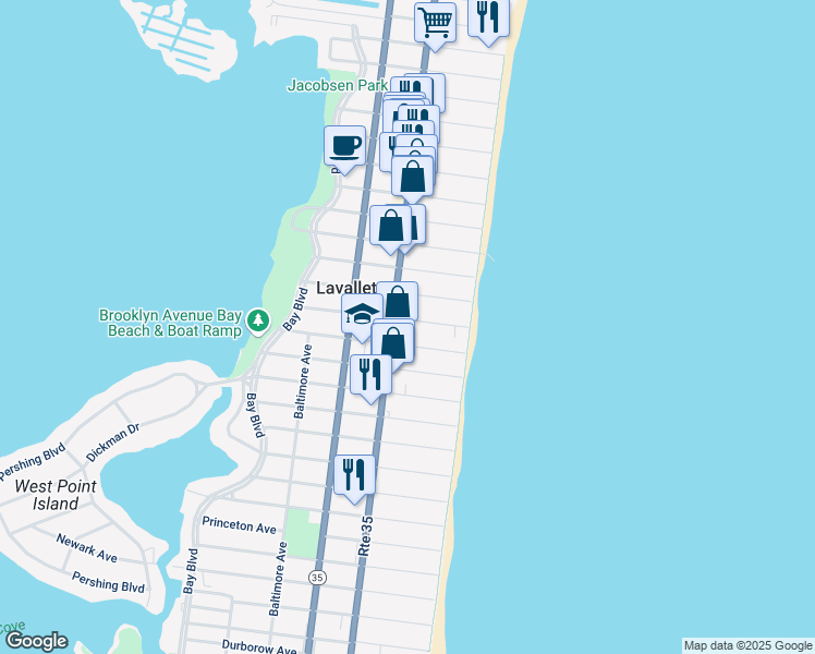 map of restaurants, bars, coffee shops, grocery stores, and more near 23 Washington Avenue in Lavallette
