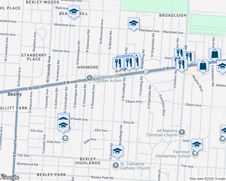 map of restaurants, bars, coffee shops, grocery stores, and more near 86 South Gould Road in Columbus