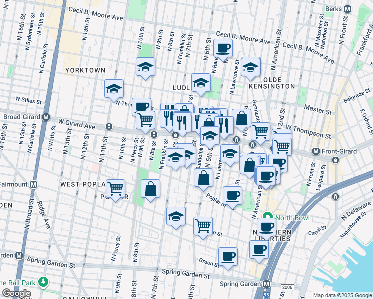 map of restaurants, bars, coffee shops, grocery stores, and more near 981 North Marshall Street in Philadelphia