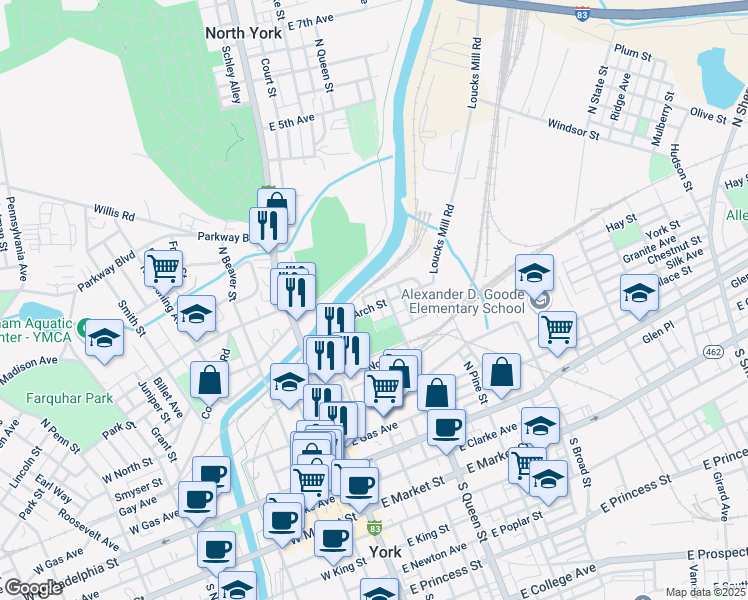 map of restaurants, bars, coffee shops, grocery stores, and more near 127 Arch Street in York