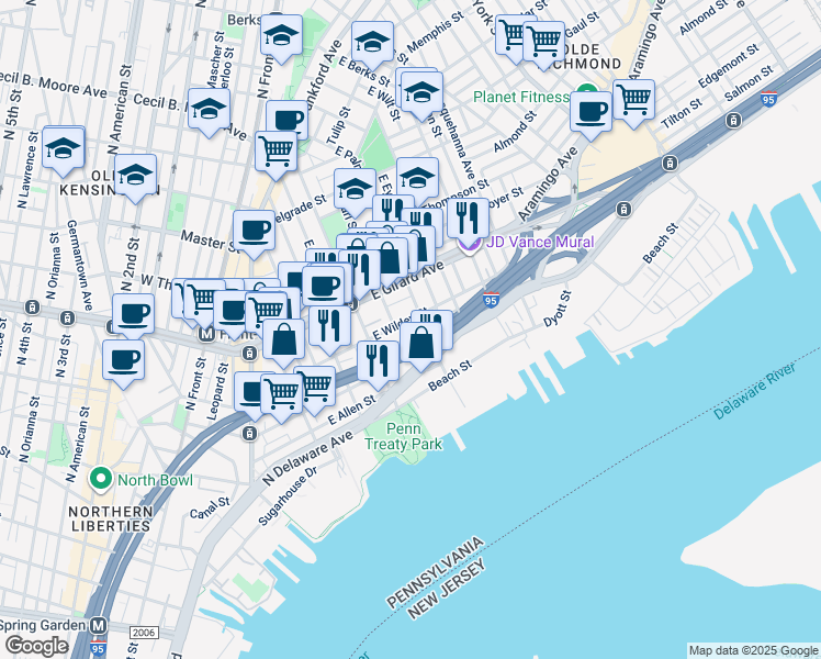 map of restaurants, bars, coffee shops, grocery stores, and more near 1022 East Palmer Street in Philadelphia