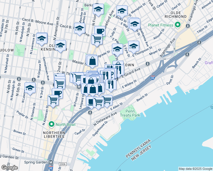 map of restaurants, bars, coffee shops, grocery stores, and more near 252 East Girard Avenue in Philadelphia