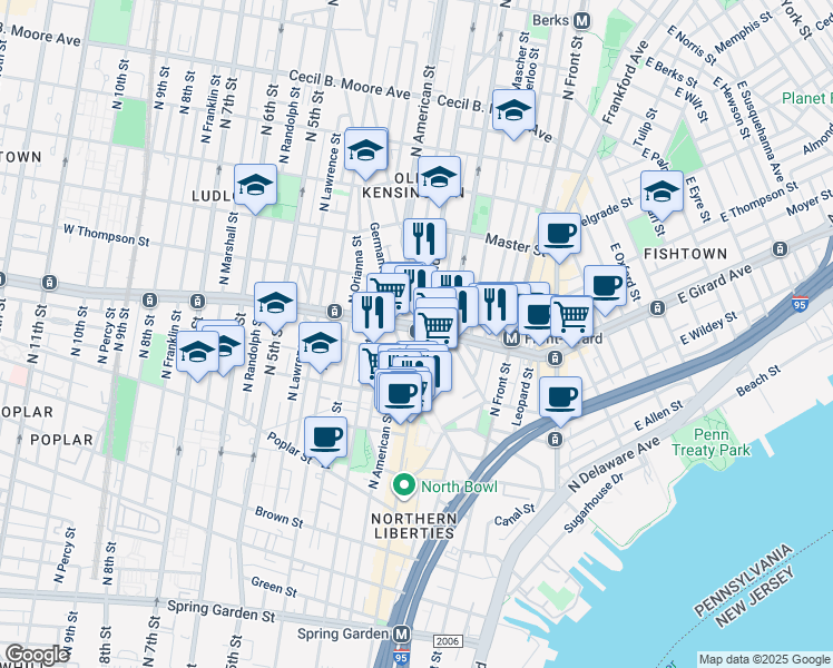 map of restaurants, bars, coffee shops, grocery stores, and more near 1148 North 2nd Street in Philadelphia