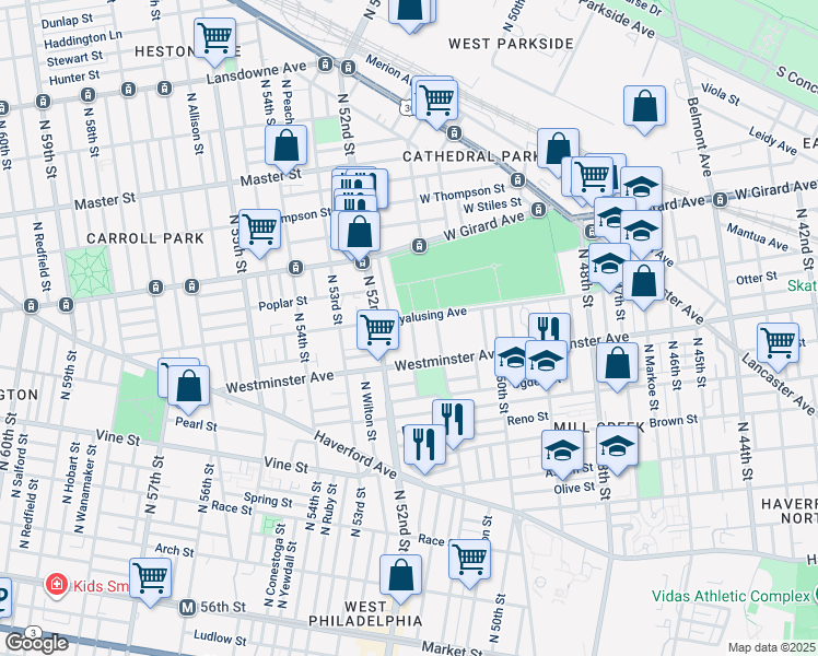 map of restaurants, bars, coffee shops, grocery stores, and more near 550 North Paxon Street in Philadelphia