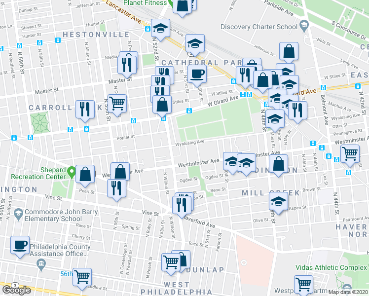 map of restaurants, bars, coffee shops, grocery stores, and more near 550 North Paxon Street in Philadelphia