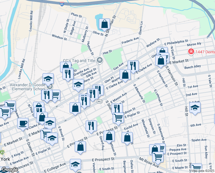 map of restaurants, bars, coffee shops, grocery stores, and more near 816 Wayne Avenue in York