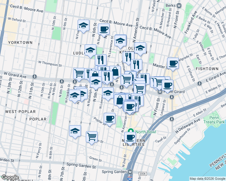 map of restaurants, bars, coffee shops, grocery stores, and more near 1140 North Orianna Street in Philadelphia