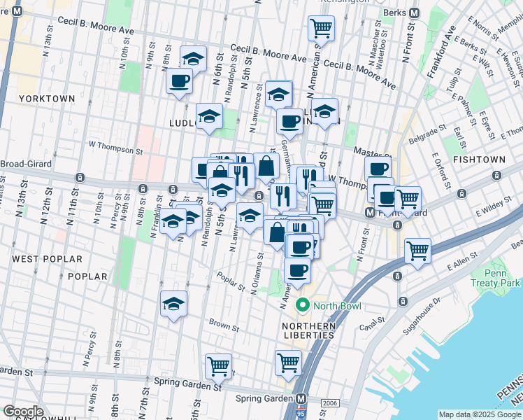 map of restaurants, bars, coffee shops, grocery stores, and more near 1147 North 4th Street in Philadelphia
