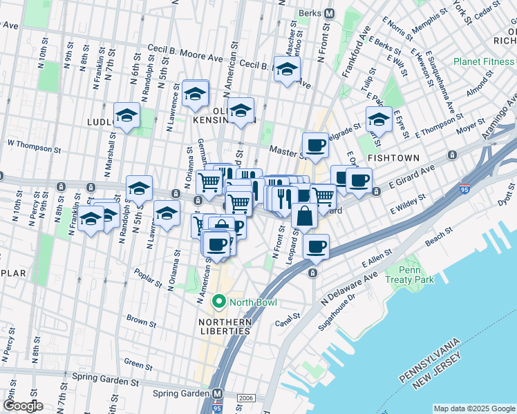 map of restaurants, bars, coffee shops, grocery stores, and more near 149 West Girard Avenue in Philadelphia