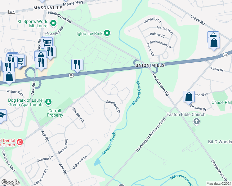 map of restaurants, bars, coffee shops, grocery stores, and more near 3008B Fenwick Lane in Mount Laurel