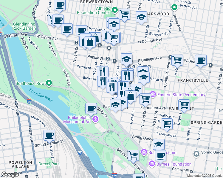 map of restaurants, bars, coffee shops, grocery stores, and more near 2512 Swain Street in Philadelphia