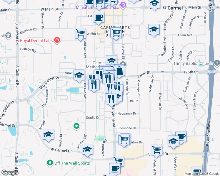 map of restaurants, bars, coffee shops, grocery stores, and more near 804 South Rangeline Road in Carmel