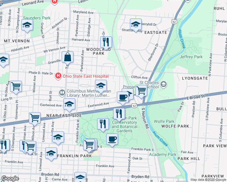 map of restaurants, bars, coffee shops, grocery stores, and more near 1730 East Long Street in Columbus