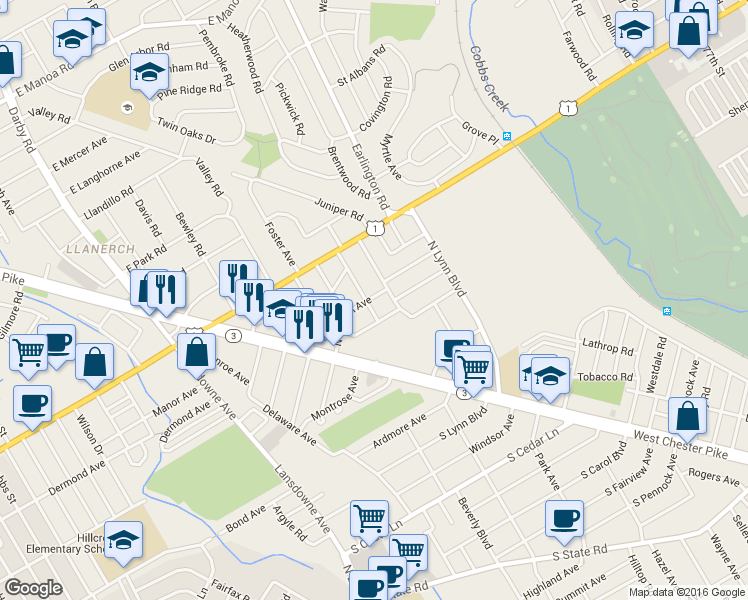 map of restaurants, bars, coffee shops, grocery stores, and more near 119 Magnolia Terrace in Upper Darby