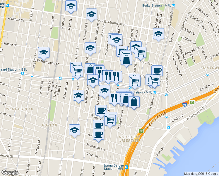 map of restaurants, bars, coffee shops, grocery stores, and more near 1147 North 4th Street in Philadelphia
