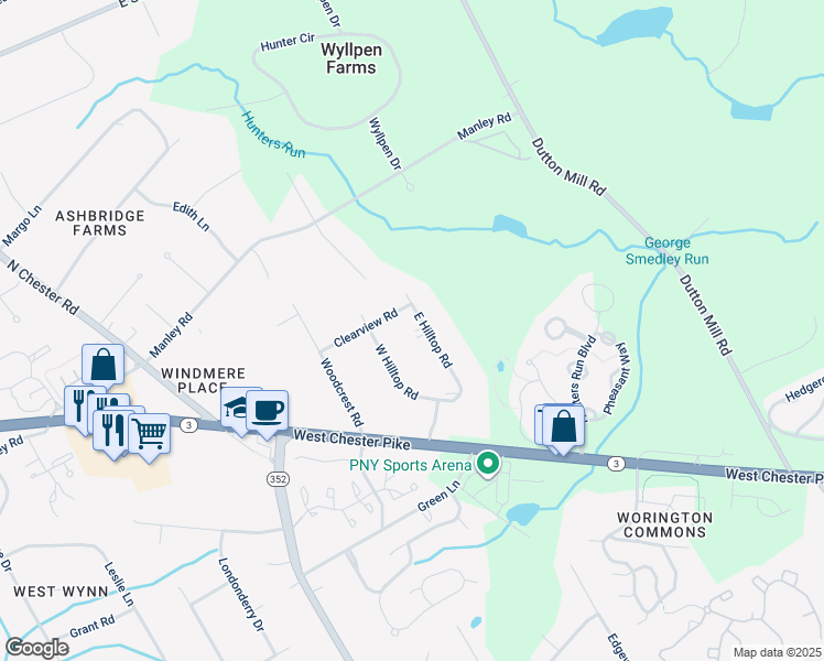 map of restaurants, bars, coffee shops, grocery stores, and more near 122 East Hilltop Road in West Chester