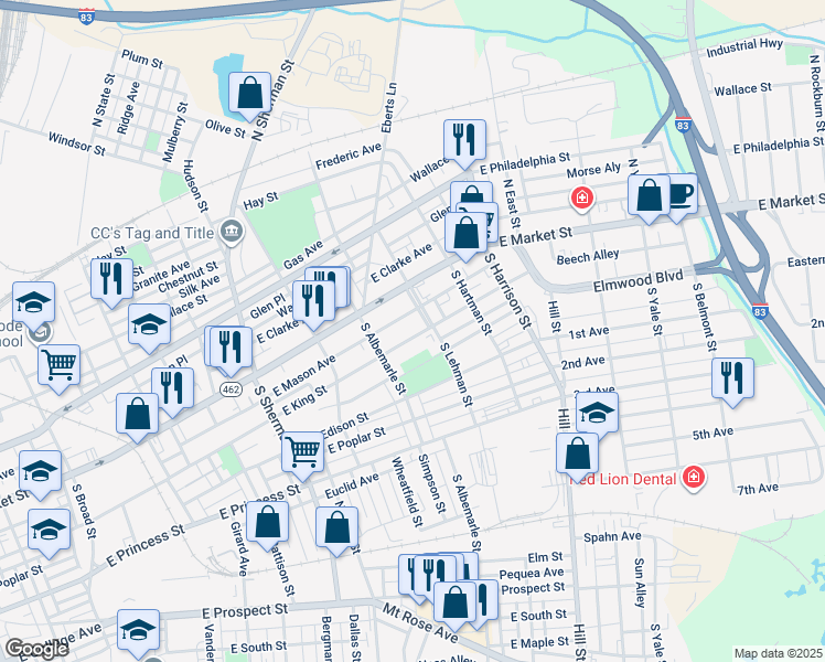 map of restaurants, bars, coffee shops, grocery stores, and more near 1053 East King Street in York