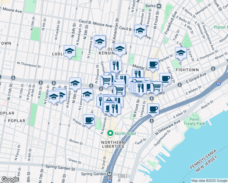 map of restaurants, bars, coffee shops, grocery stores, and more near in Philadelphia