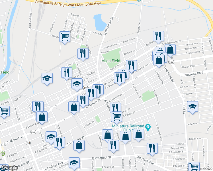 map of restaurants, bars, coffee shops, grocery stores, and more near 818 Wayne Avenue in York