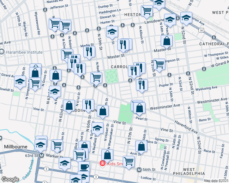 map of restaurants, bars, coffee shops, grocery stores, and more near 530 North Wanamaker Street in Philadelphia