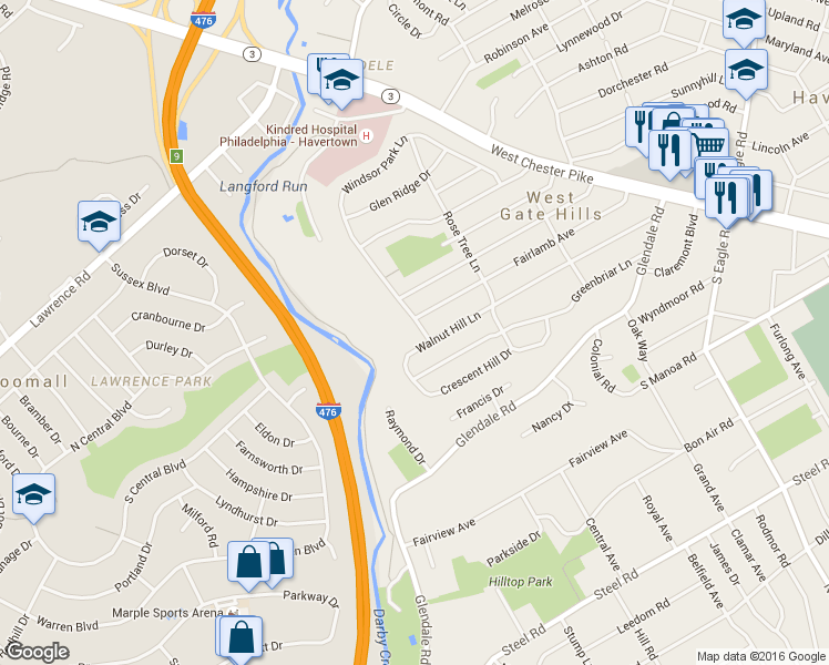 map of restaurants, bars, coffee shops, grocery stores, and more near 1400 Windsor Park Lane in Havertown