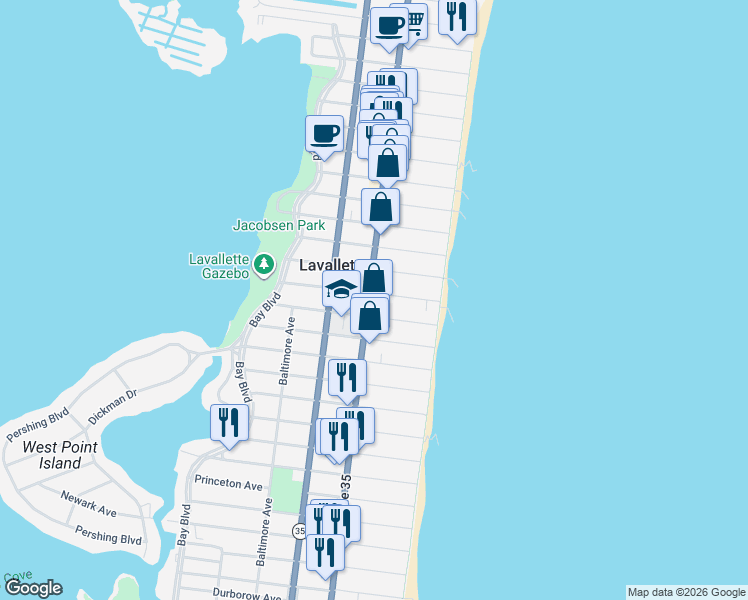 map of restaurants, bars, coffee shops, grocery stores, and more near 23 Washington Avenue in Lavallette