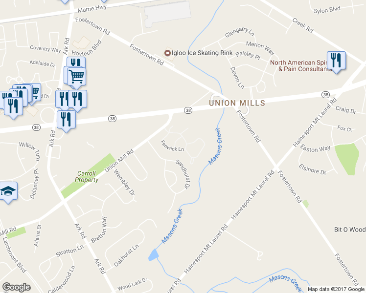 map of restaurants, bars, coffee shops, grocery stores, and more near 3008B Fenwick Lane in Mount Laurel
