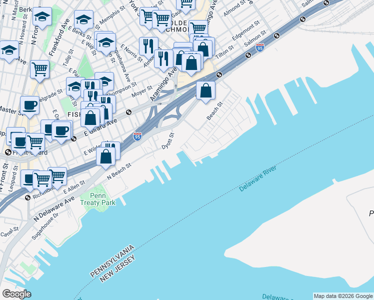 map of restaurants, bars, coffee shops, grocery stores, and more near 1601-1899 N Beach St in Philadelphia
