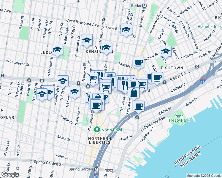 map of restaurants, bars, coffee shops, grocery stores, and more near 157 East Girard Avenue in Philadelphia