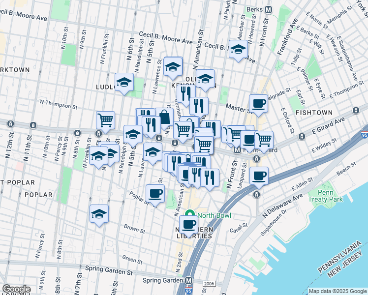 map of restaurants, bars, coffee shops, grocery stores, and more near 1151 North 3rd Street in Philadelphia
