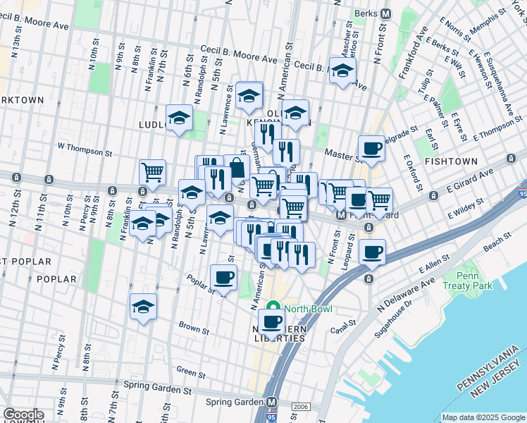 map of restaurants, bars, coffee shops, grocery stores, and more near 1151 North 3rd Street in Philadelphia