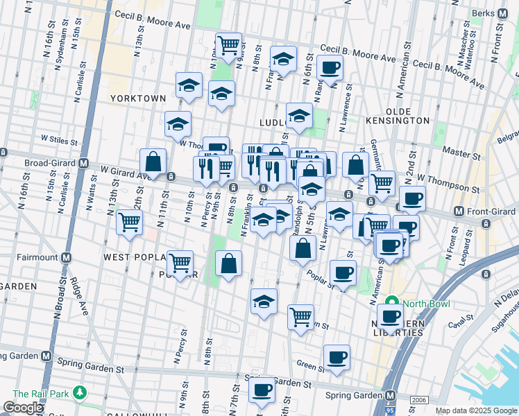 map of restaurants, bars, coffee shops, grocery stores, and more near 994 North Marshall Street in Philadelphia