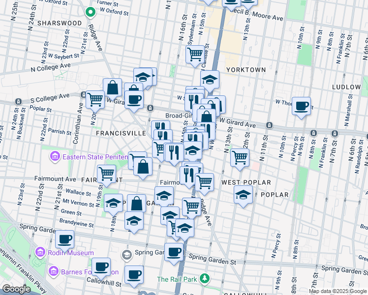 map of restaurants, bars, coffee shops, grocery stores, and more near 1504 Parrish Street in Philadelphia