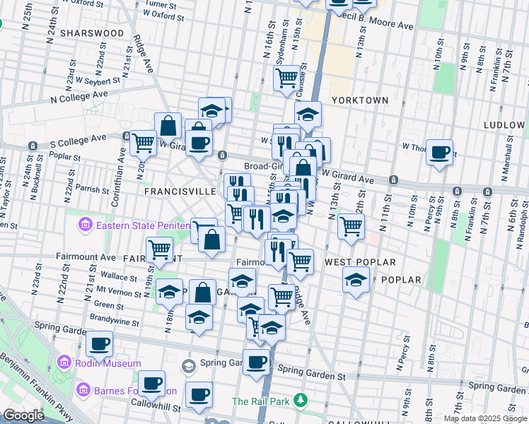 map of restaurants, bars, coffee shops, grocery stores, and more near 1504 Parrish Street in Philadelphia