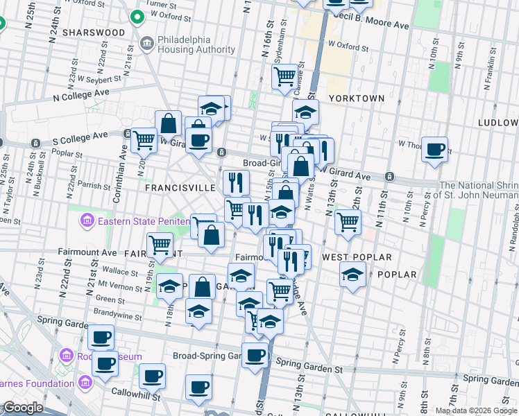 map of restaurants, bars, coffee shops, grocery stores, and more near 1504 Parrish Street in Philadelphia