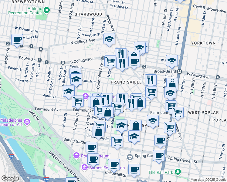 map of restaurants, bars, coffee shops, grocery stores, and more near 803 North 19th Street in Philadelphia