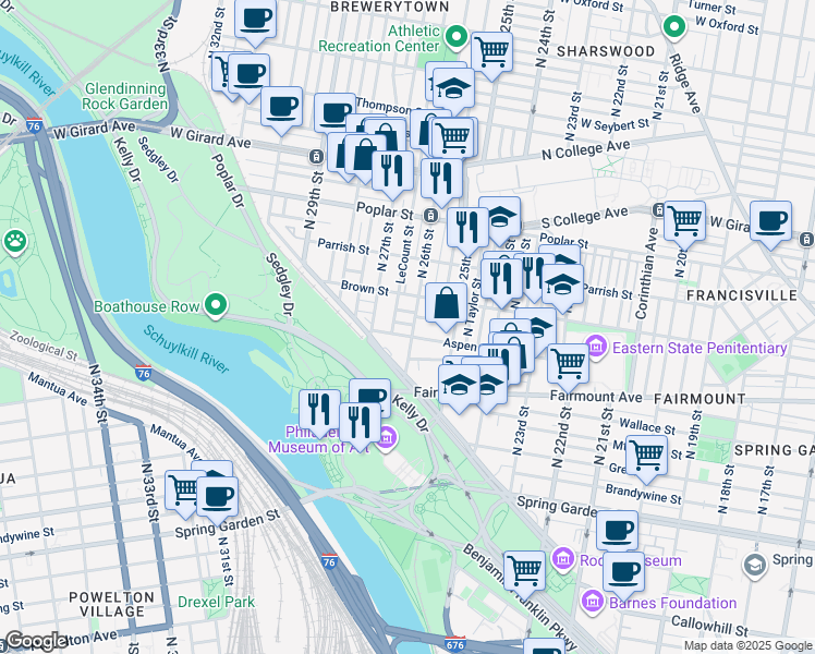 map of restaurants, bars, coffee shops, grocery stores, and more near 2601 Pennsylvania Avenue in Philadelphia