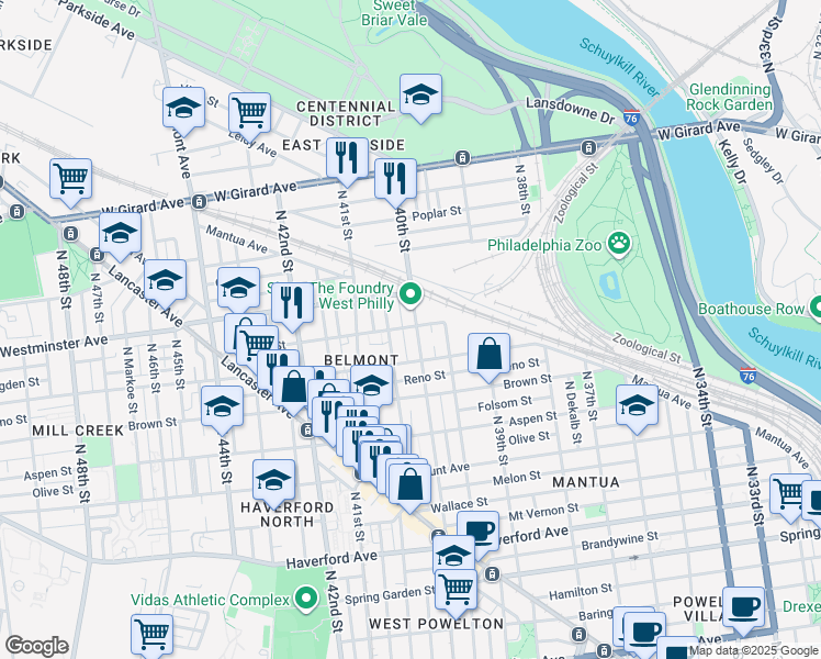 map of restaurants, bars, coffee shops, grocery stores, and more near 846 Wiota Street in Philadelphia
