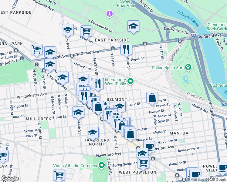 map of restaurants, bars, coffee shops, grocery stores, and more near 857 North 41st Street in Philadelphia