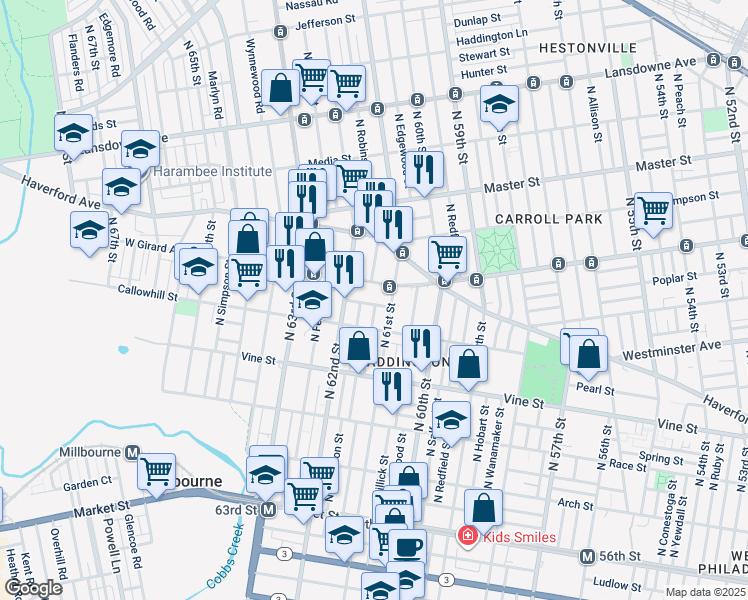 map of restaurants, bars, coffee shops, grocery stores, and more near 426 North 61st Street in Philadelphia