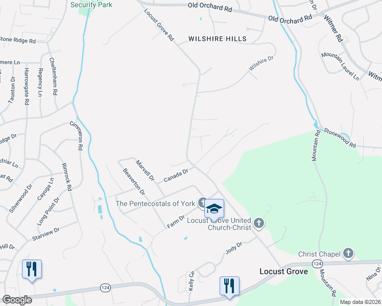 map of restaurants, bars, coffee shops, grocery stores, and more near 821 Locust Grove Road in York