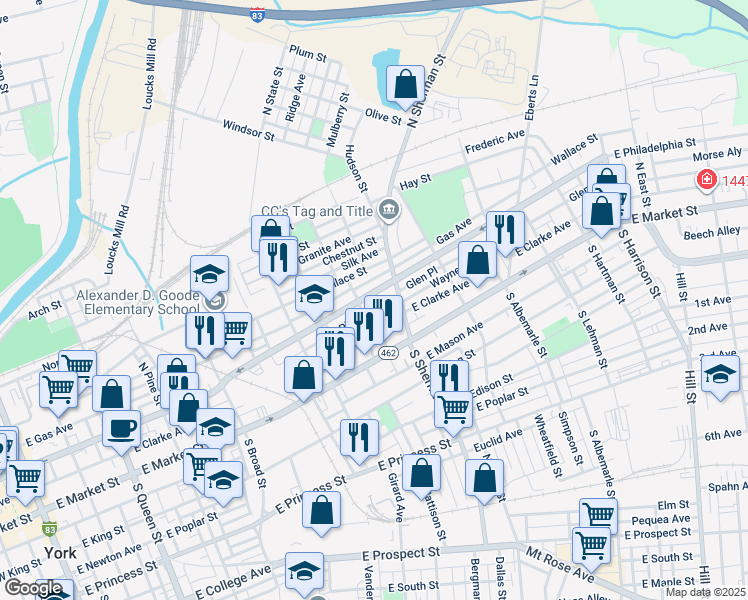 map of restaurants, bars, coffee shops, grocery stores, and more near 713-737 East Clarke Avenue in York