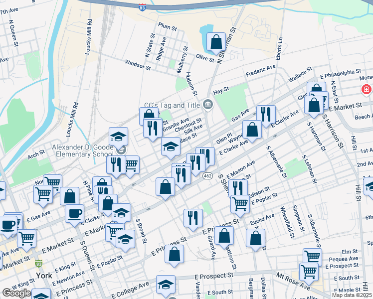 map of restaurants, bars, coffee shops, grocery stores, and more near 688 State Route 462 in York
