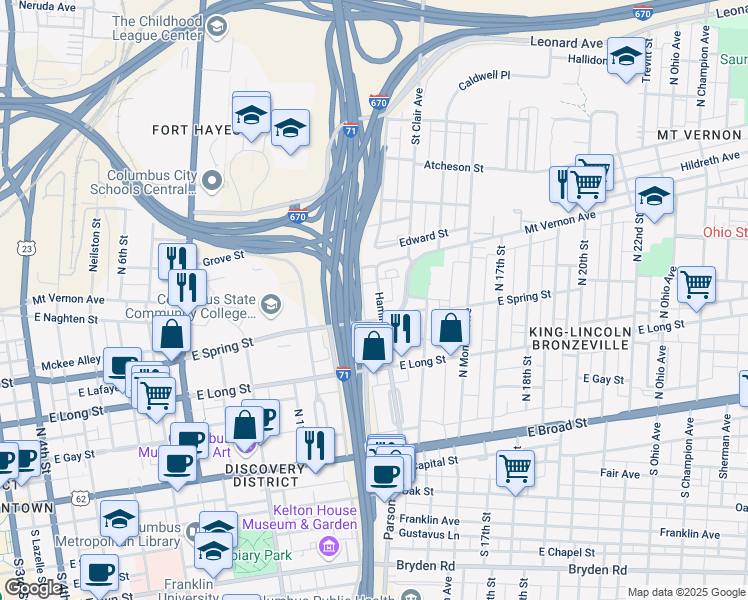 map of restaurants, bars, coffee shops, grocery stores, and more near 705 East Spring Street in Columbus